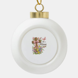 Christian- He is Risen Floral Cross Religious East Ceramic Ball Christmas Ornament