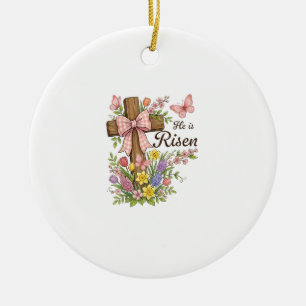 Christian- He is Risen Floral Cross Religious East Ceramic Tree Decoration