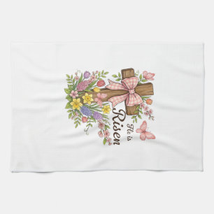 Christian- He is Risen Floral Cross Religious East Tea Towel