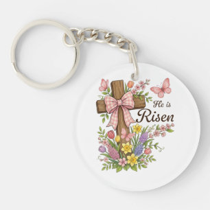 Christian- He is Risen Floral Cross Religious Key Ring