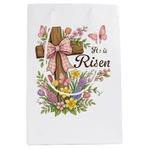 Christian- He is Risen Floral Cross Religious  Medium Gift Bag