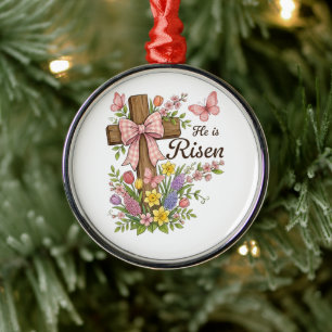 Christian- He is Risen Floral Cross Religious Metal Tree Decoration