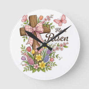 Christian- He is Risen Floral Cross Religious Round Clock