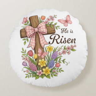 Christian- He is Risen Floral Cross Religious Round Cushion