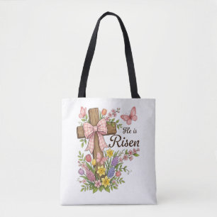 Christian- He is Risen Floral Cross Religious Tote Bag