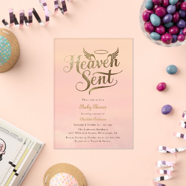 Christian Heaven Sent Pink Clouds Girl Baby Shower Acrylic Invitations (Insitu (Celebration))