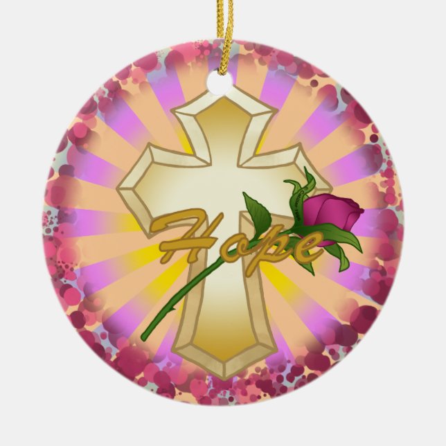 Christian Hope Rose Cross Ceramic Tree Decoration (Front)