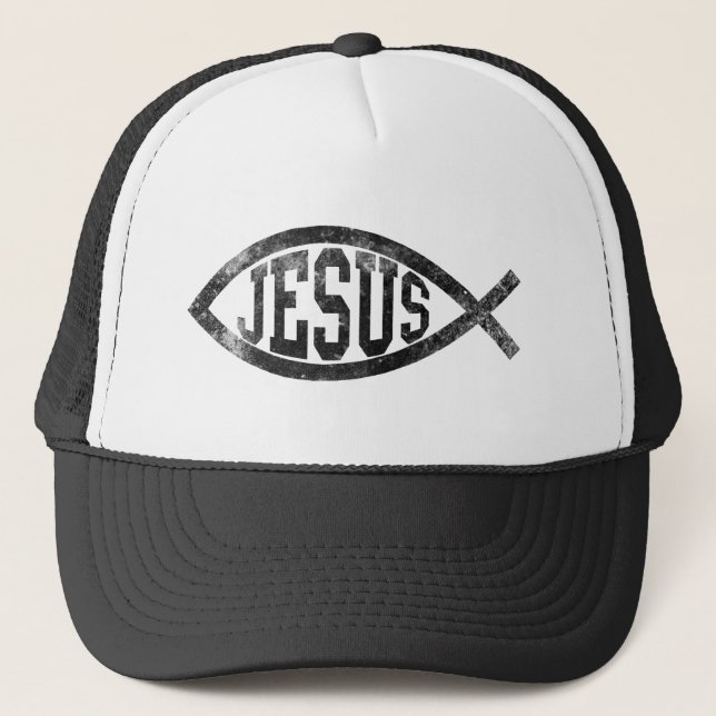 Christian Jesus Fish, Black Ichthys Trucker Hat (Front)
