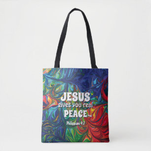 Christian JESUS GIVES REAL PEACE Abstract Blue Tote Bag