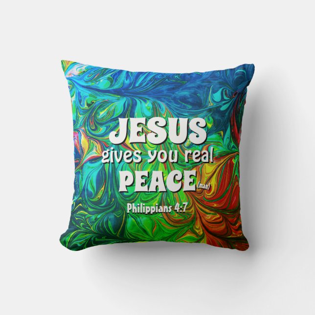 Christian JESUS GIVES REAL PEACE Abstract Cyan Cushion (Front)