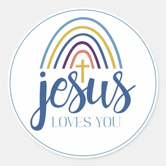 Christian Jesus Loves You Retro Rainbow Cross Classic Round Sticker (Front)