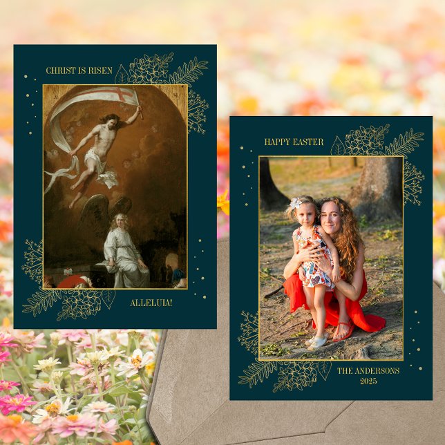 Christian Jesus Resurrection Easter Family Photo Holiday Card (Religious Christian Catholic Jesus Christ is Risen Resurrection Easter Family Photo Holiday Card)