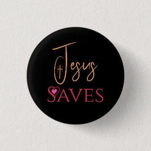 Christian Jesus Saves Cross Heart 3 Cm Round Badge