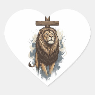 Christian Lion and Cross Vintage Heart Sticker
