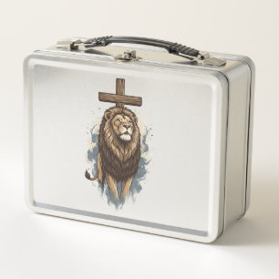 Christian Lion and Cross Vintage Metal Lunch Box