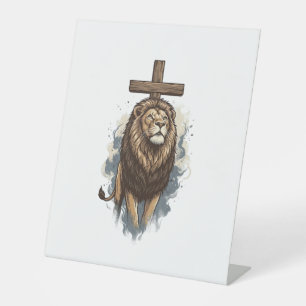 Christian Lion and Cross Vintage Pedestal Sign