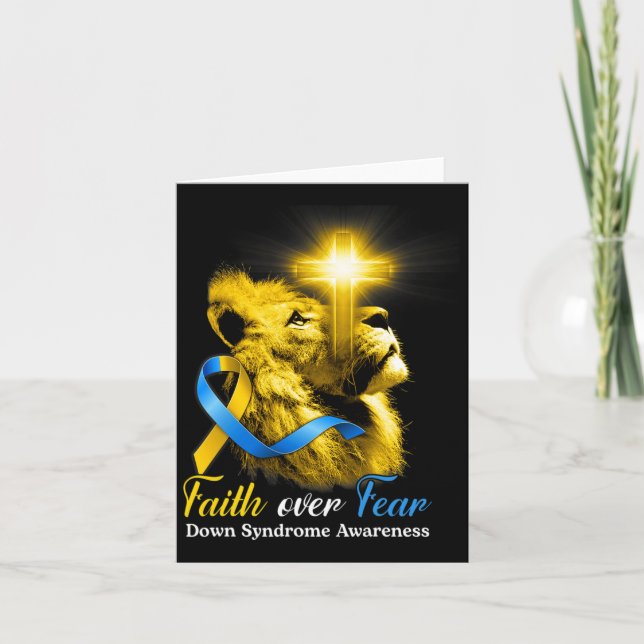 Christian Lion Cross Faith Over Fear Down Syndrome Card (Front)