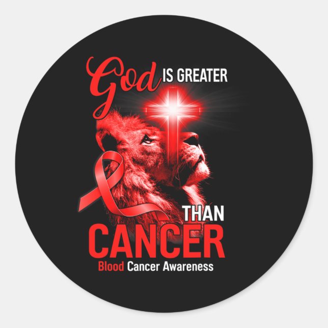 Christian Lion Cross God Is Greater Than Cancer Re Classic Round Sticker (Front)