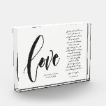 Christian Love is Patient Names Wedding date Photo Block<br><div class="desc">Personalise this modern and elegant 'Love" Script with the famous wedding  bible passage from Corinthians 13 Love is Patient,  Love is kind... 
Give a memorable,  thoughtful keepsake for the newlyweds with this custom photo block.</div>