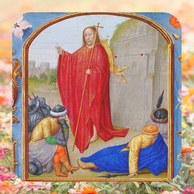 Christian Mediaeval Resurrection of Jesus Easter Square Sticker (Religious Christian Catholic Medieval Resurrection of Jesus Christ is Risen Easter Square Sticker)