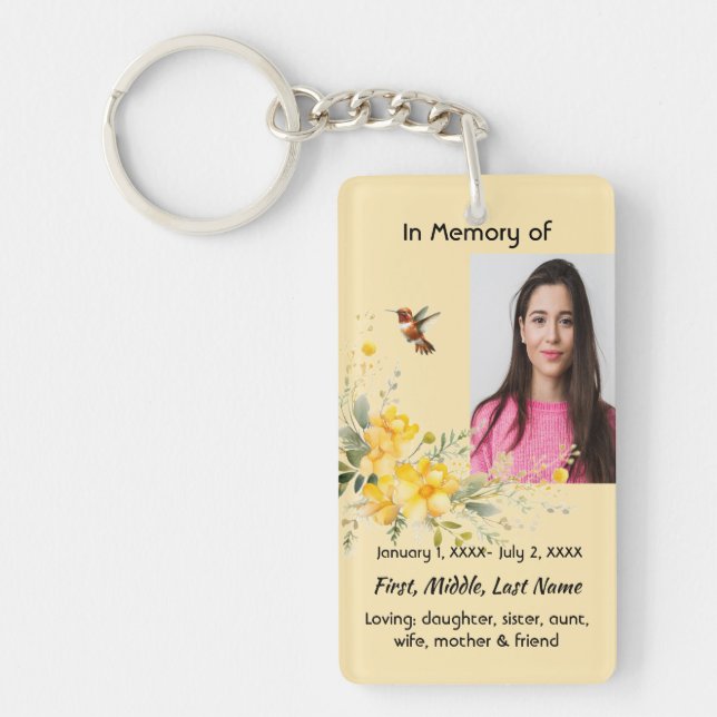 Christian Memorial  Hummingbird Yellow Roses  Key Ring (Front)