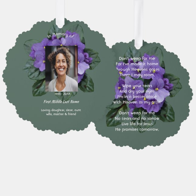 Christian Memorial Keepsake African Violet Tree Decoration Card (Front/Back)