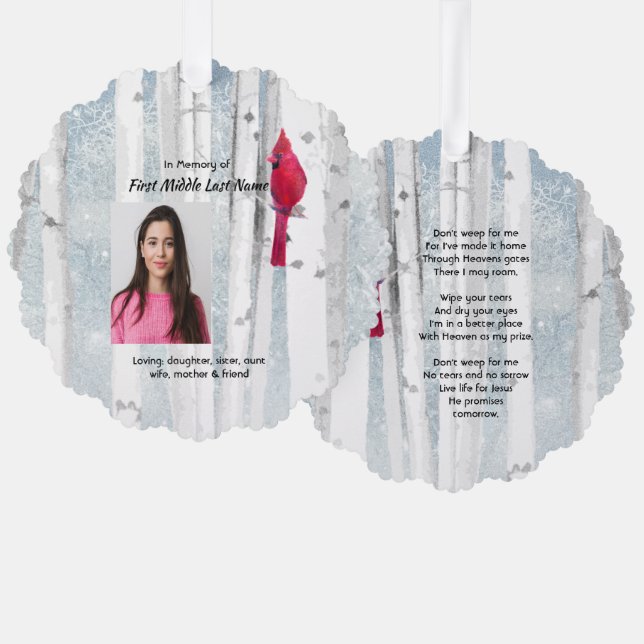 Christian Memorial Keepsake Cardinal Bird Tree Decoration Card (Front/Back)