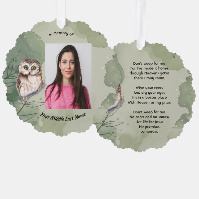 Christian Memorial Keepsake Cute Owl Bird Tree Decoration Card (Front/Back)
