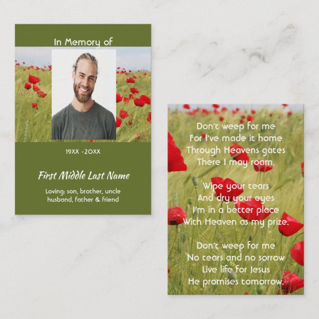 Christian Memorial Keepsake Field of Red Poppy Calling Card (Front/Back)