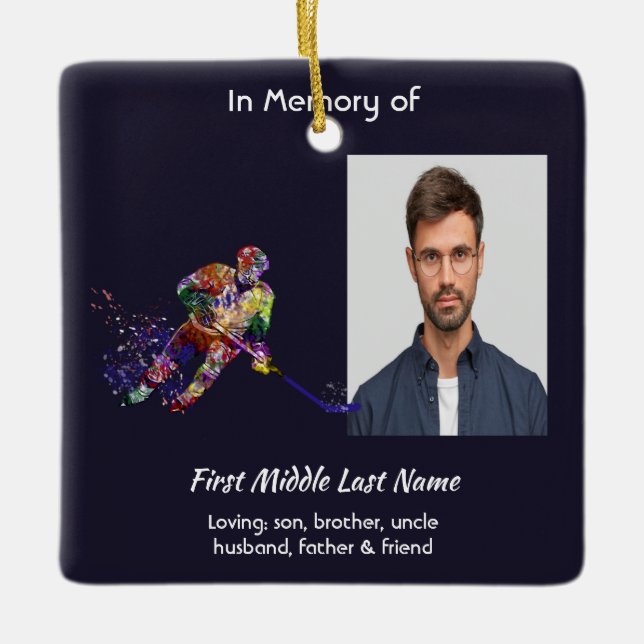 Christian Memorial Keepsake Hockey Player Sport Ceramic Ornament (Front)