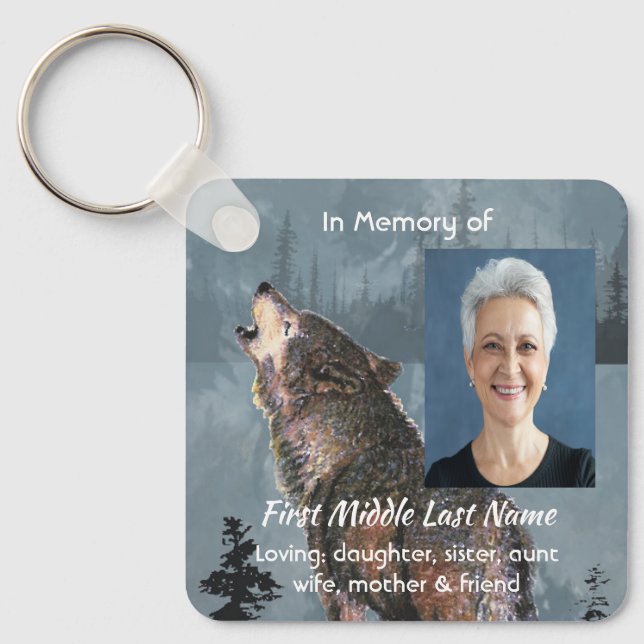 Christian Memorial Keepsake Howling Wolf Art Key Ring (Front)