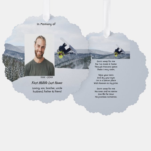 Christian Memorial Keepsake Snowboarding Winter Tree Decoration Card (Front/Back)