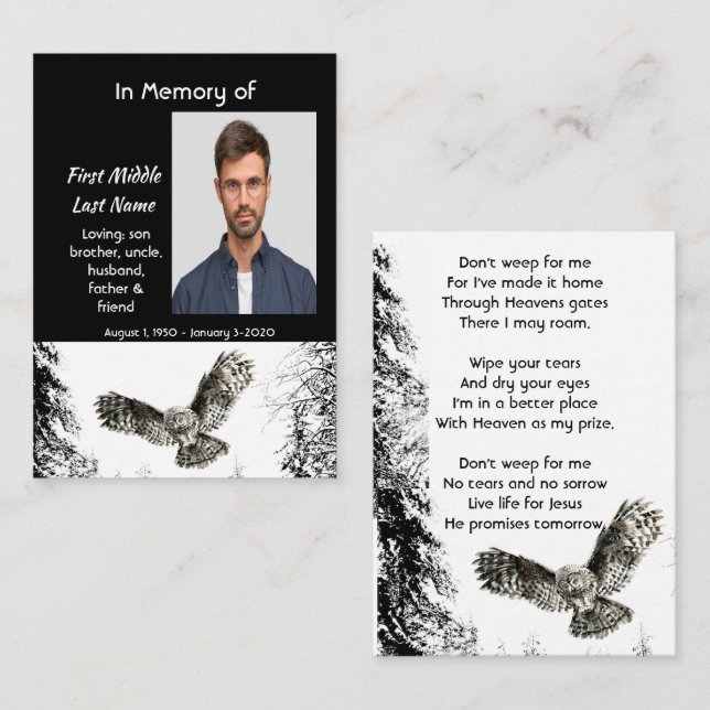Christian Memorial Keepsake Watercolor Owl Bird Business Card (Front/Back)
