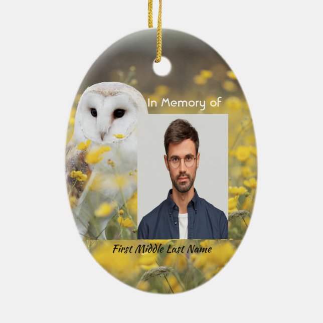 Christian Memorial Photo Barn Owl Bird  Ceramic Tree Decoration (Back)