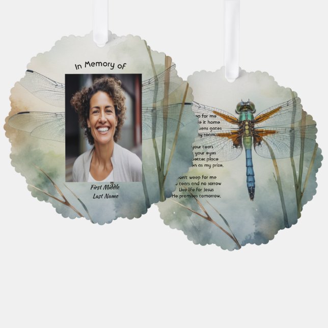 Christian Memorial Photo Keepsake Custom Dragonfly Tree Decoration Card (Front/Back)