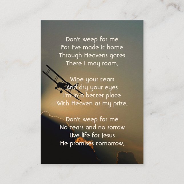 Christian Memorial Photo  Pilot Aeroplane Flying  Business Card (Front)