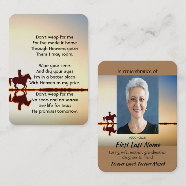 Christian Memorial Photo Prayer Horse Back Riding Business Card (Front/Back)