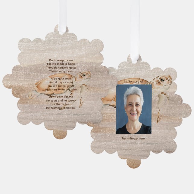 Christian Memorial Photo Sandy Beach Sea Turtle  Tree Decoration Card (Front/Back)