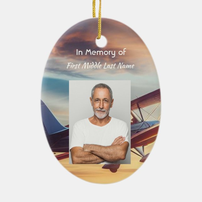 Christian Memorial Pilot Aeroplane Flying Sunset Ceramic Tree Decoration (Back)