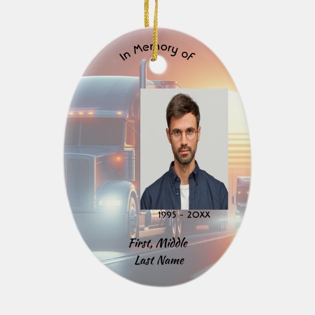 Christian Memorial Semi-Truck Tractor-trailer  Ceramic Tree Decoration (Back)