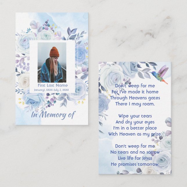 Christian Memory Keepsake Hummingbird Blue Roses  Business Card (Front/Back)