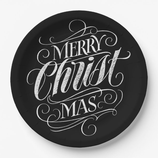 Christian Merry Christmas Chalkboard Lettering Paper Plate (Front)