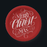 Christian Merry Christmas Christ Lettering Red Paper Plate<br><div class="desc">We say 'Merry Christmas' very often during the season, but sometimes we tend to forget where this greeting actually originates from. Here is a wonderfully elegant piece of custom hand lettering in the fashionable chalkboard look to give a gentle nudge back into the direction of Jesus. Professional calligraphy by Ivan...</div>
