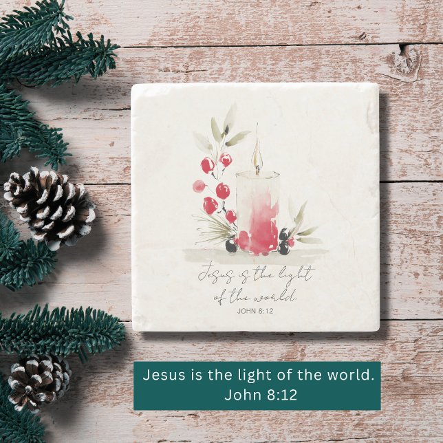 Christian Modern Faith Decor John 8:12 Candle  Stone Coaster (Winter faith home décor makes lovely hostess & holiday party gifts. )