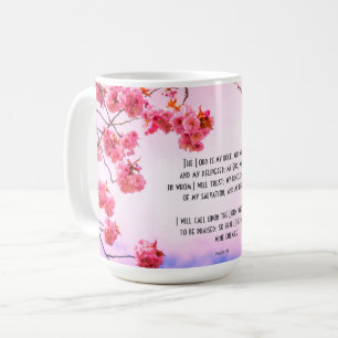 Christian mug with scriptures and cherry blossom