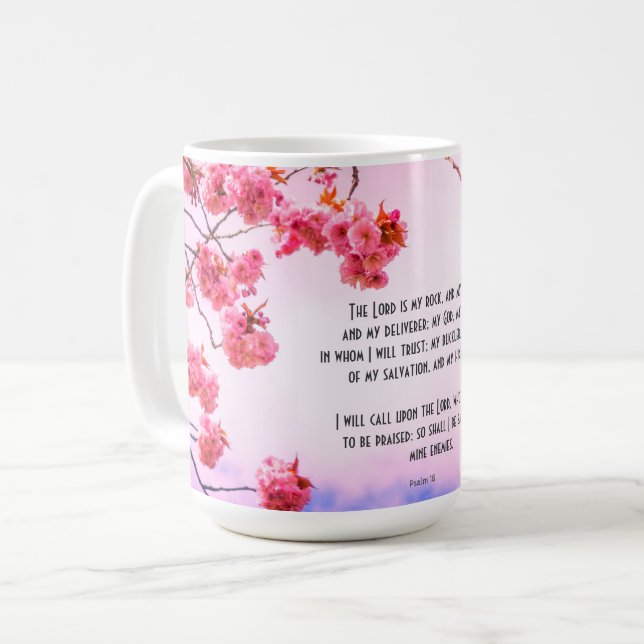 Christian mug with scriptures and cherry blossom (Front Left)