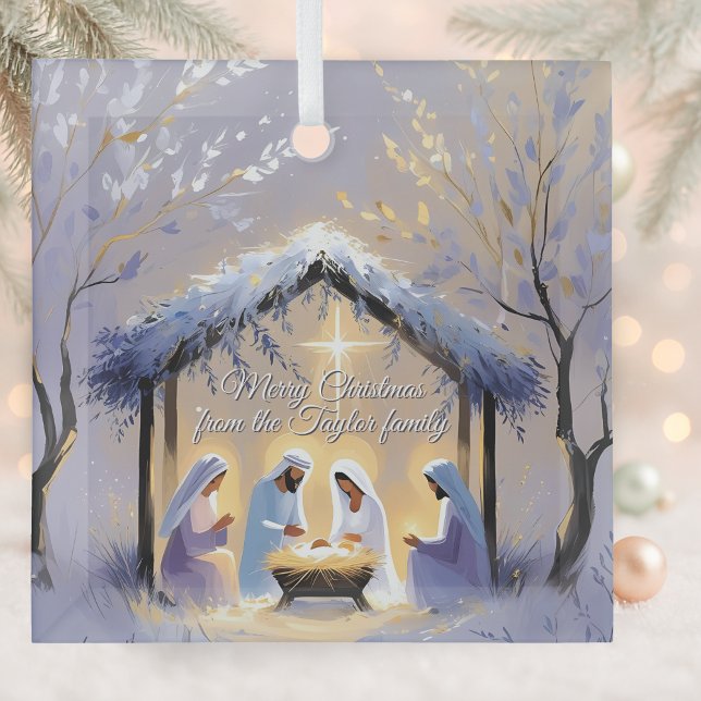 Christian Nativity Scene Holy Family Christmas  Glass Tree Decoration (Personalized Christian Nativity Scene Christmas Ornament Holy Family Manger Under Star of Bethlehem)