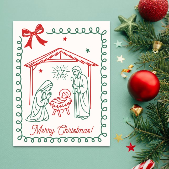 Christian Nativity Scene Religious Christmas Holiday Card (A simple, faith-forward Christmas design featuring red & green line-art of the nativity scene)
