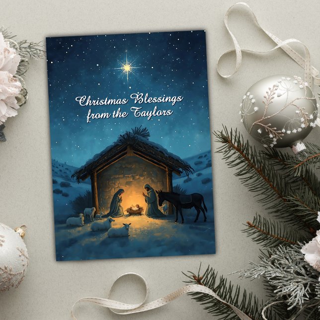 Christian Nativity Scene Star Religious Christmas Holiday Card (Peaceful Nativity Christmas Card with Personalized Family Name | Christian Holiday Greeting)