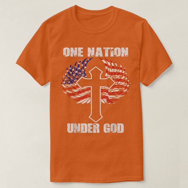 Christian One Nation Under God Cross over USA Flag T-Shirt (Design Front)